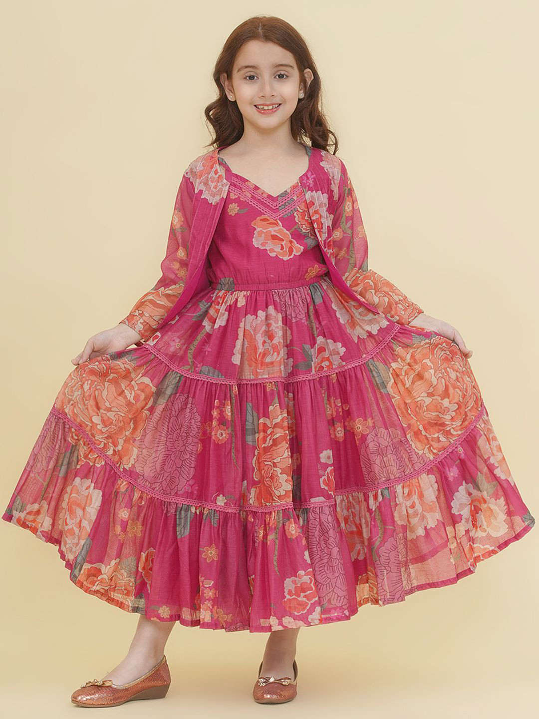 Bitiya by Bhama Girls Floral Print Puff Sleeve Fit & Flare Maxi Dress