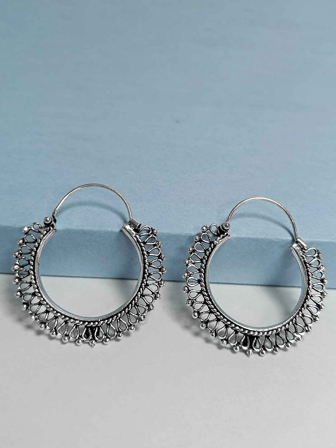Women 925 Silver Oxidized Round Hoop Earrings