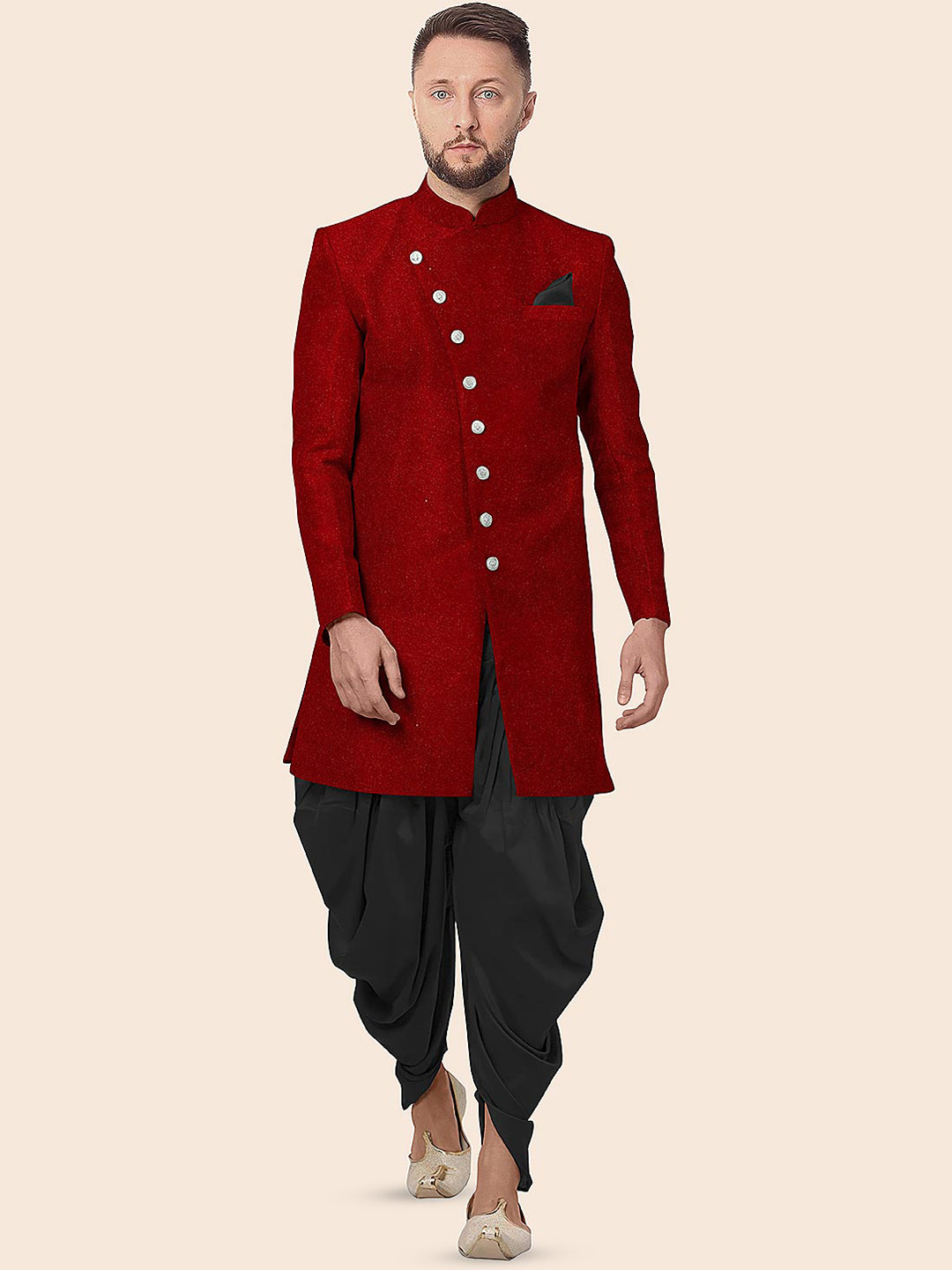 Utsav Fashion Solid Color Velvet Sherwani in Red