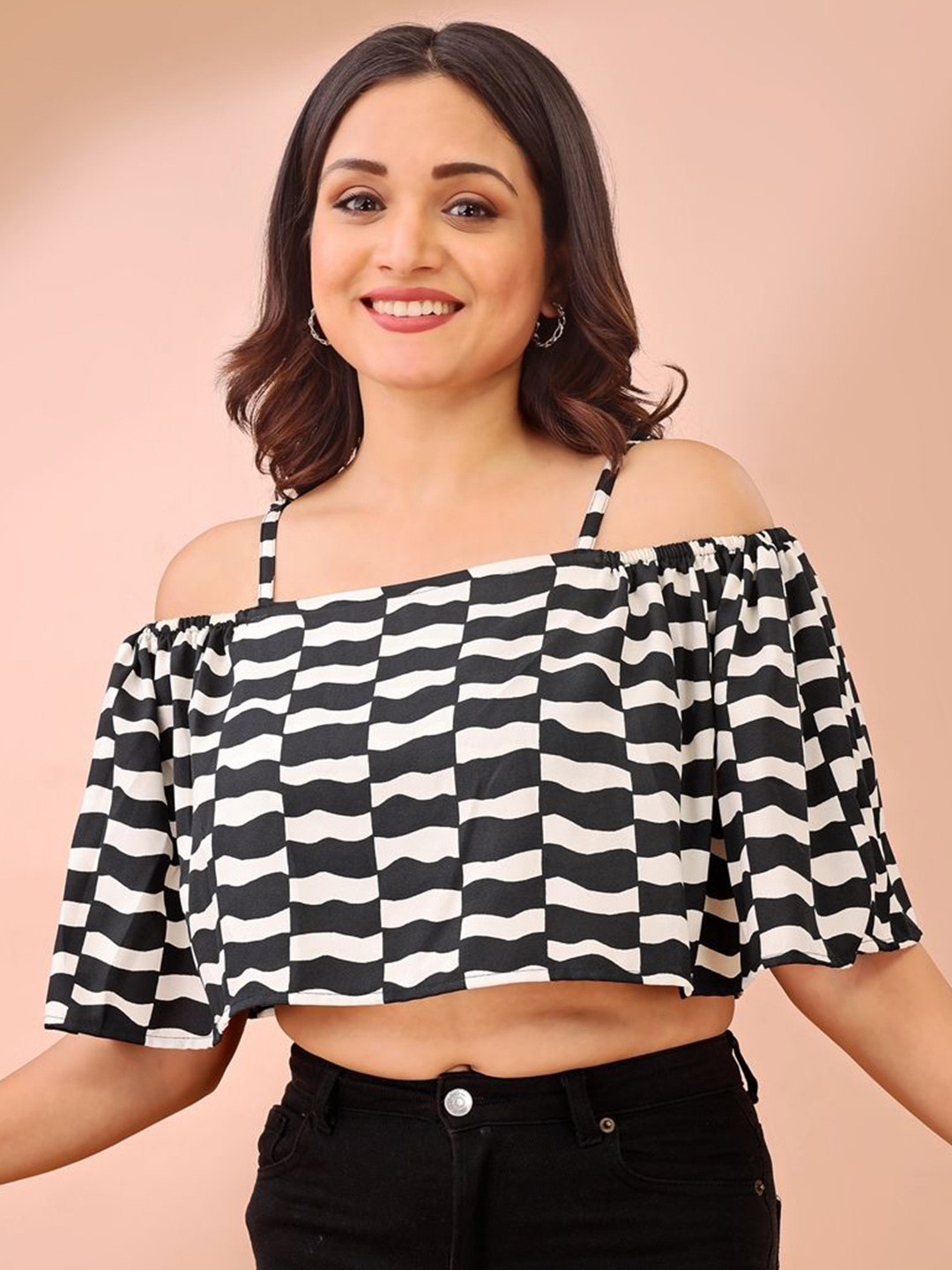 all about you Print Sweetheart Neck Cold-Shoulder Layered Crepe Tube Crop Top