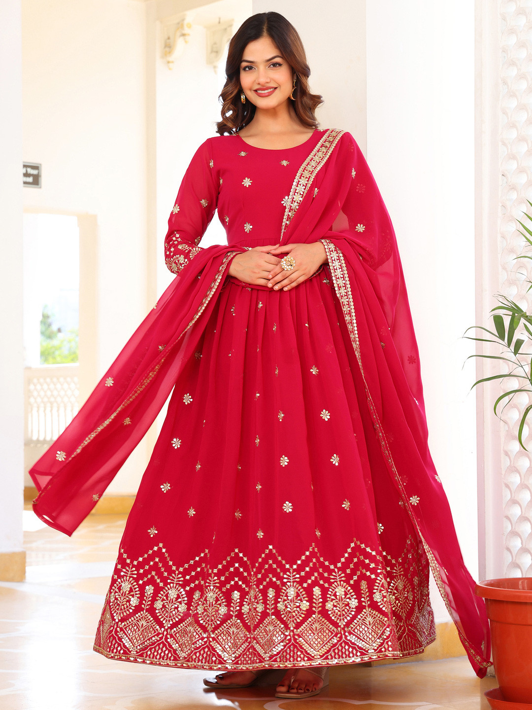 KALINI Embroidered Maxi Ethnic Dress With Dupatta