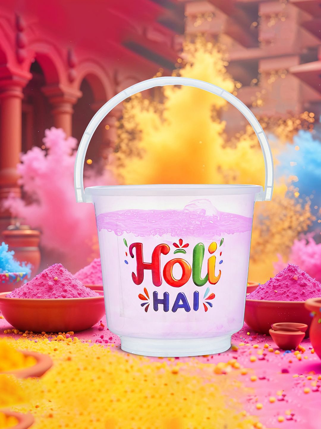 Kuber Industries Transparent & Red Textured Water Holi Bucket Plastic Bath Accessories Set