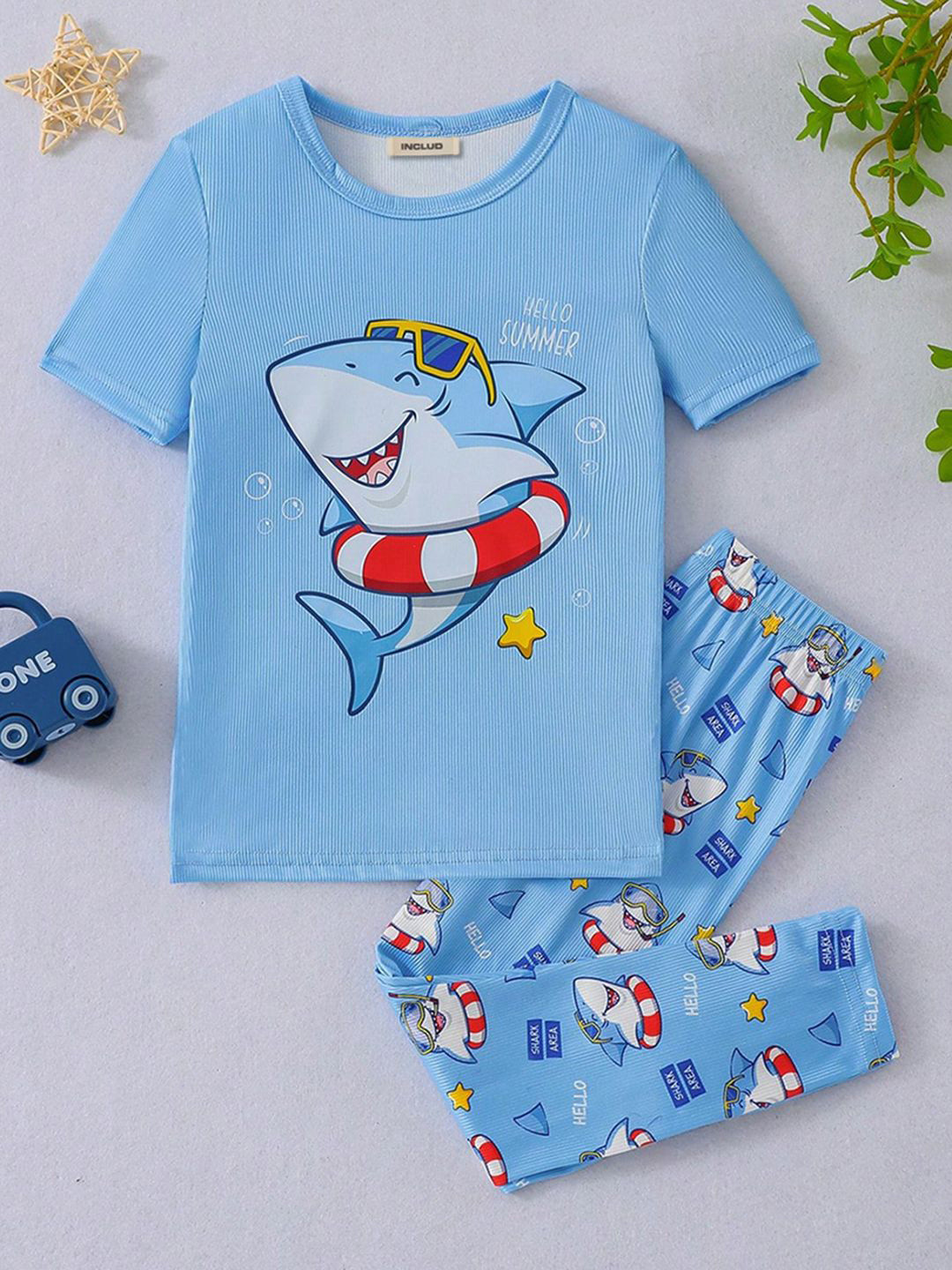 INCLUD Boys Shark Printed T-Shirt With Trousers Night Suit