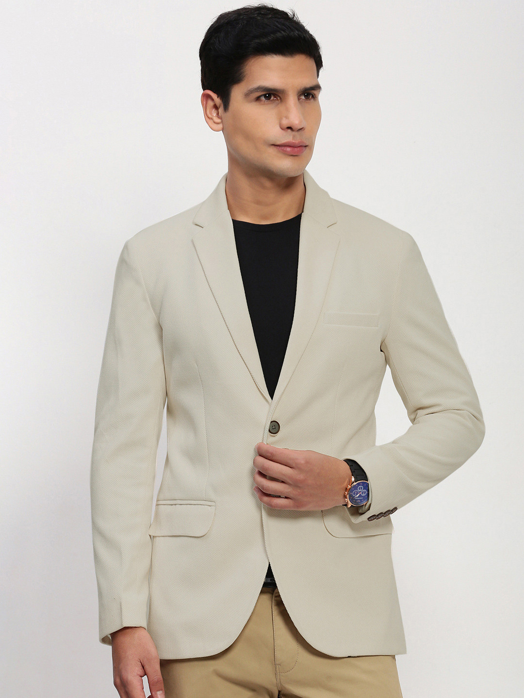 SHOWOFF Self Design Cotton Notched Collar Slim Fit Singe Breasted Blazer
