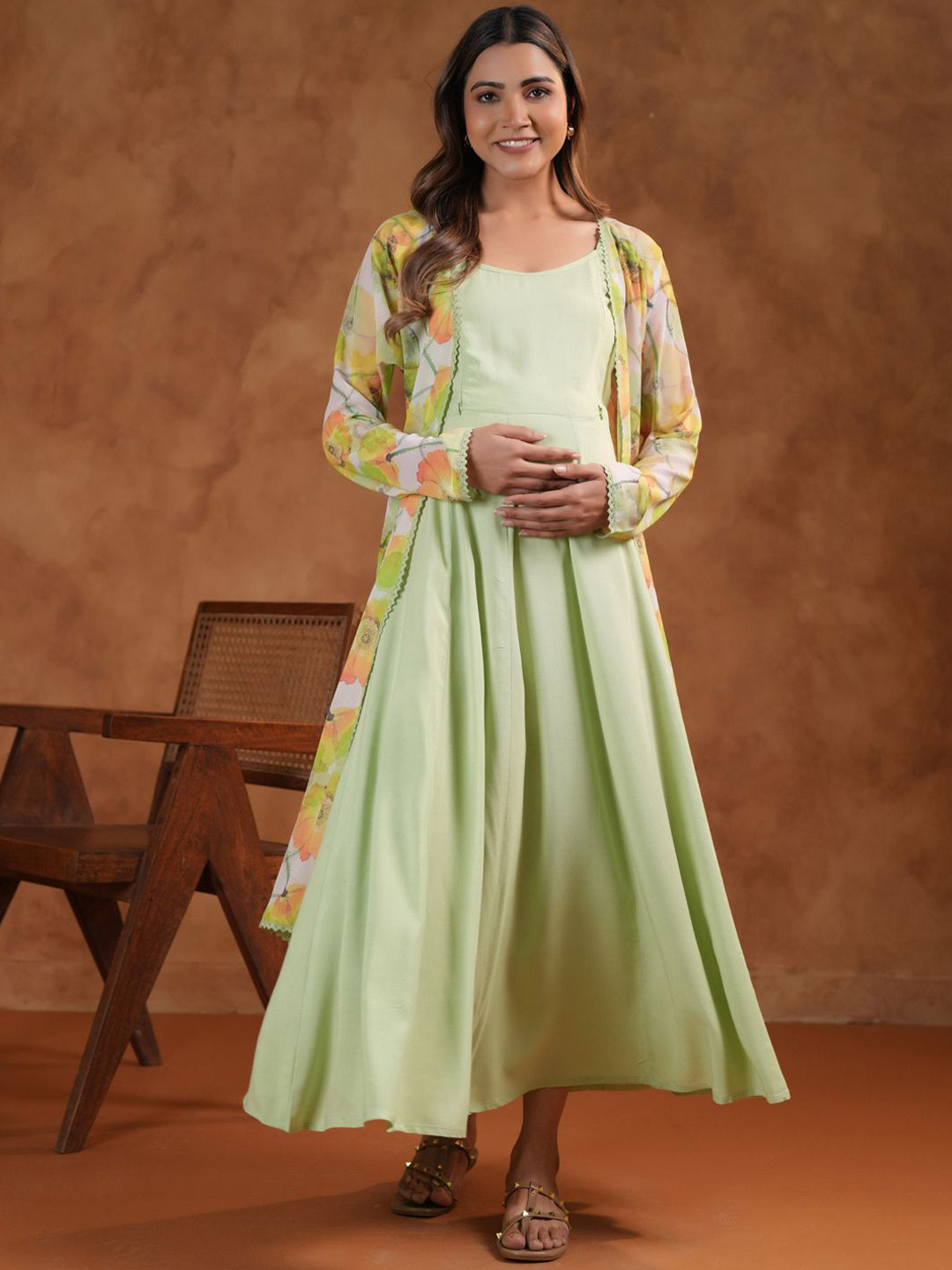 anayna Fit & Flared Maternity Ethnic Dress With Cape Jacket