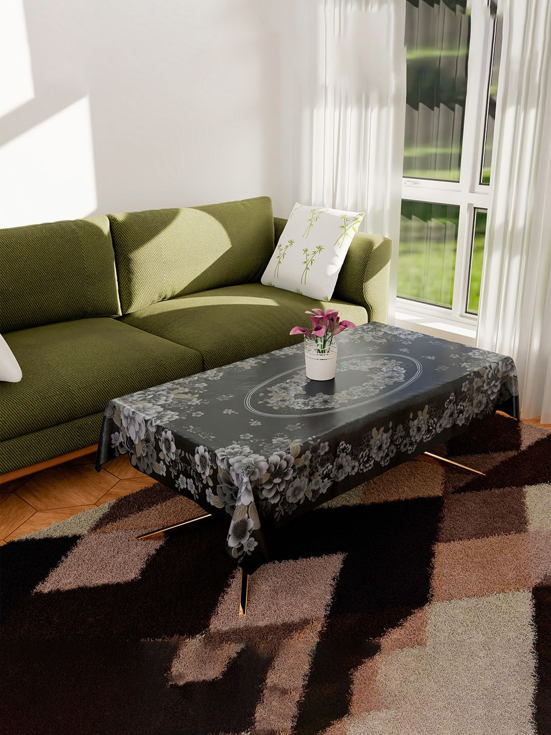 Kuber Industries Black Floral Plastic 4-Seater Table Cover