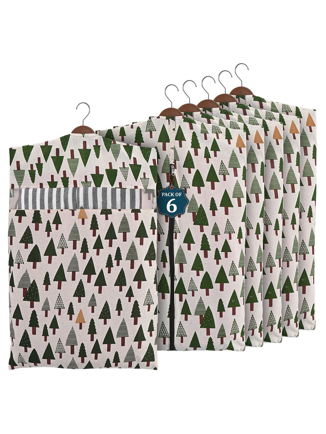 Kuber Industries Green & White 6 Pieces Printed Cotton Hanging Cloth Organisers