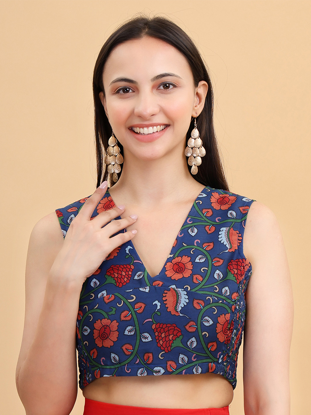 Frolic Rolic Silk Kalamkari Print Smoking Details V Neck Blouse