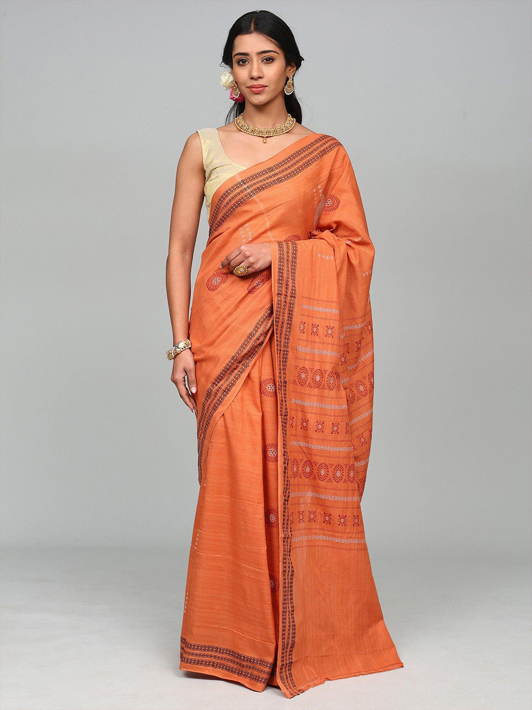 Exotic India Dusted-Clay Pure Cotton Saree From Sambalpur with Woven Chakra Motifs