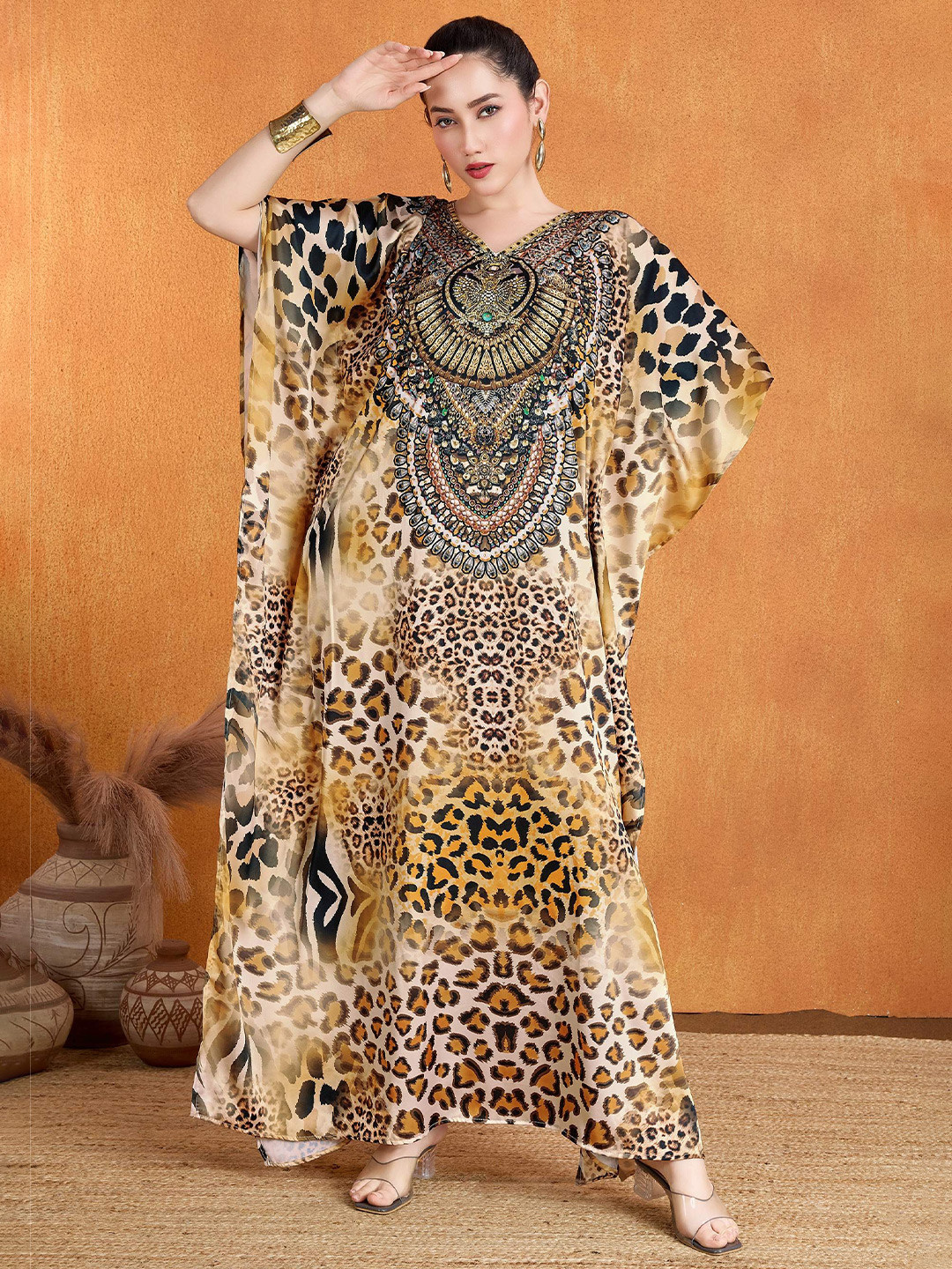LABEL AARNA Forest Safari Soft Satin Kaftan with Rhinestones