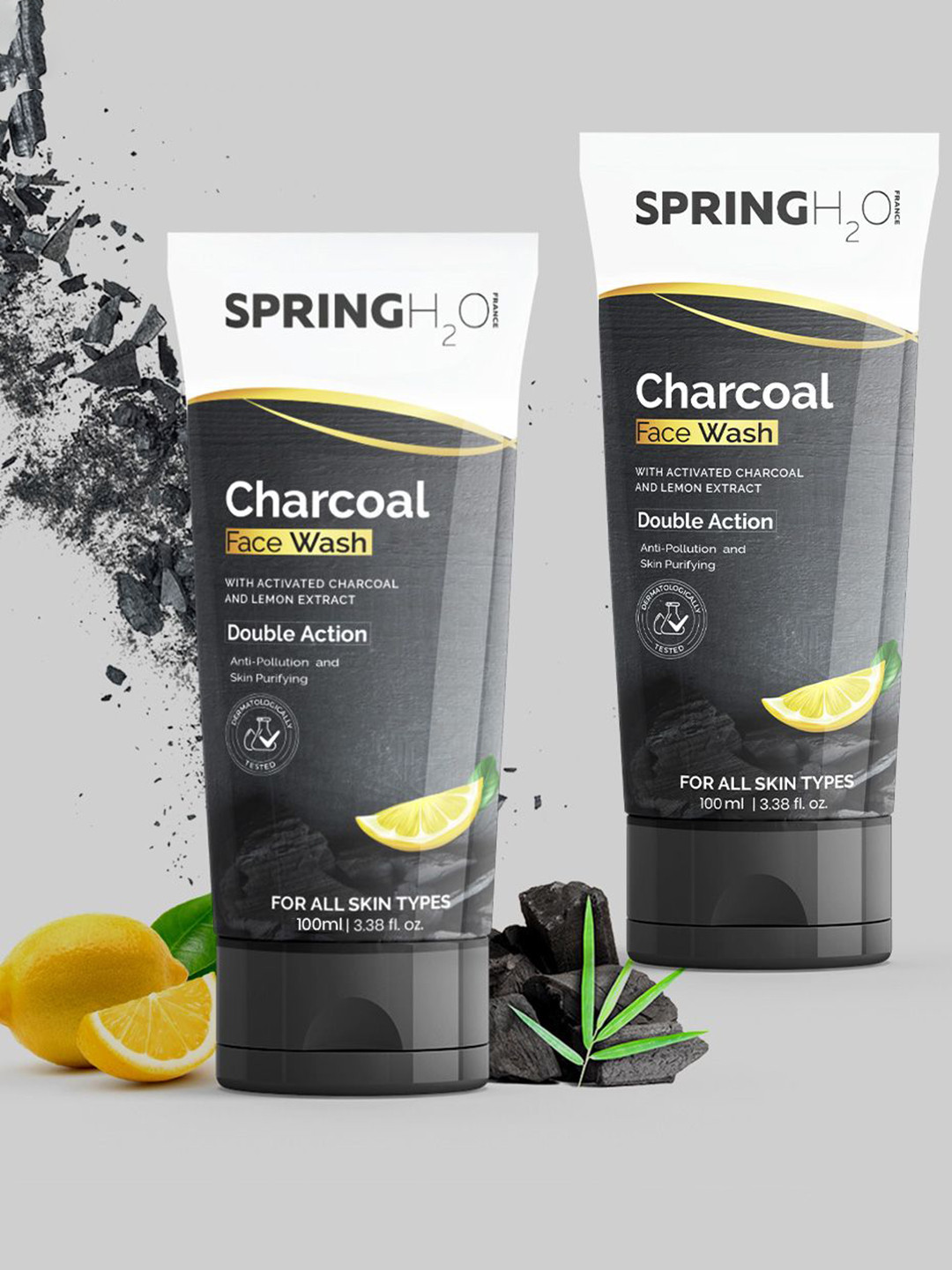 Spring H2O Set Of 2 Charcoal Face Wash For Deep Cleansing With Lemon Extract - 100 ml Each
