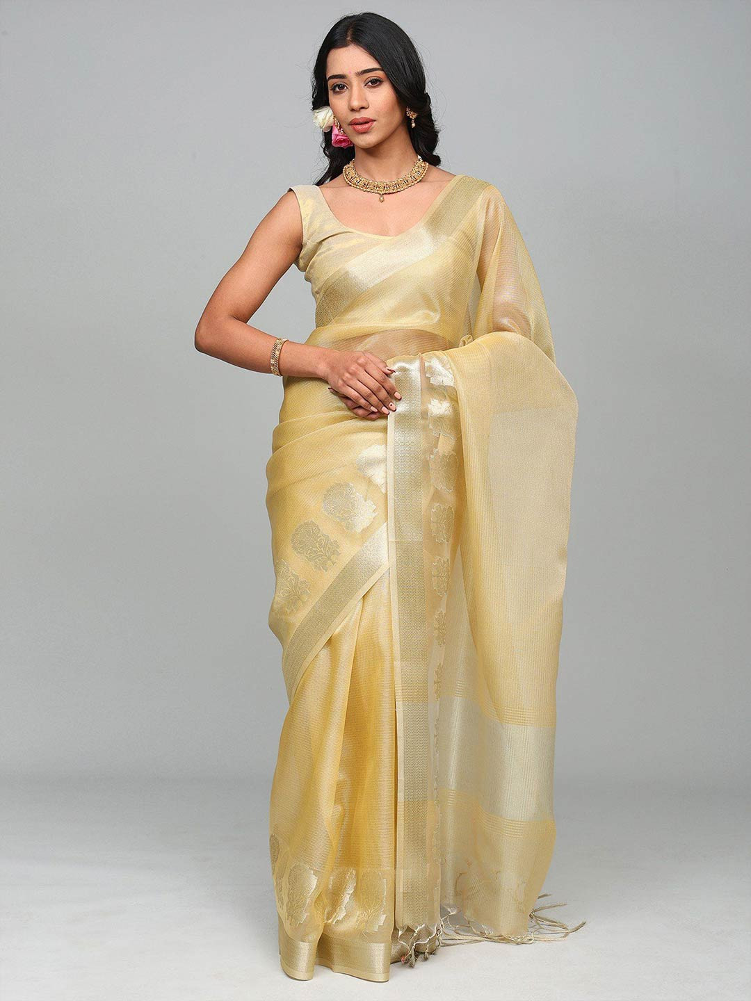 Exotic India Golden Thread Woven Art Silk Saree From Banaras with Floral Border