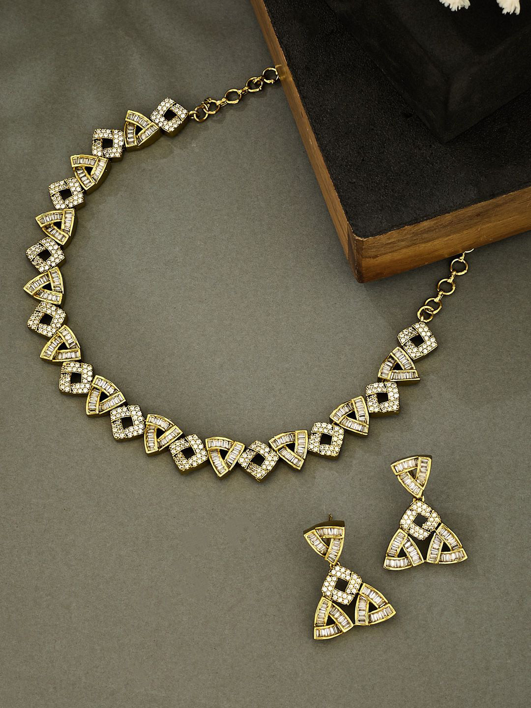 ATIBELLE Gold Plated CZ Stone Studded Triangular Square Shaped Jewellery Set