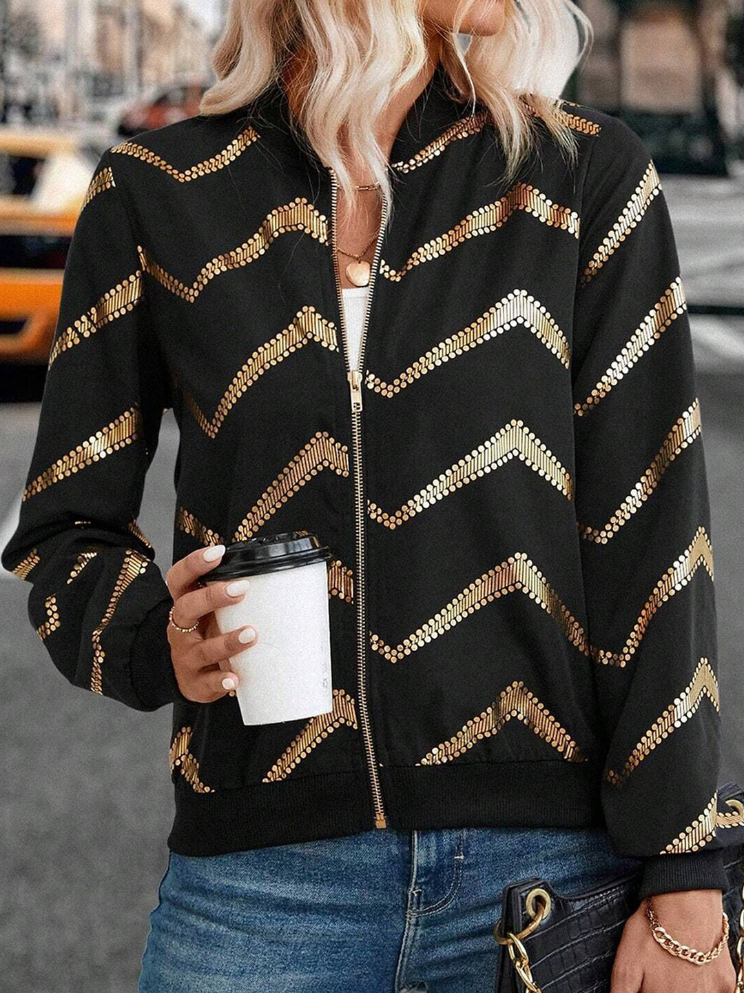 all about you Women Geometric Lightweight Bomber Jacket