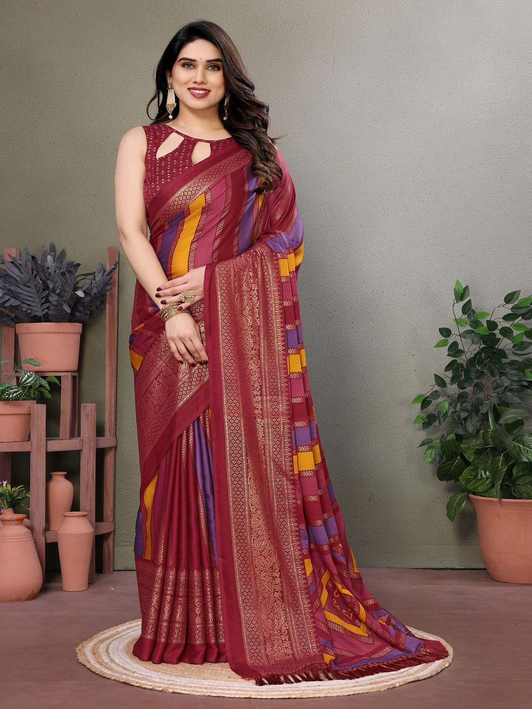 CATCHY FOREVER Striped Silk Blend Designer Saree