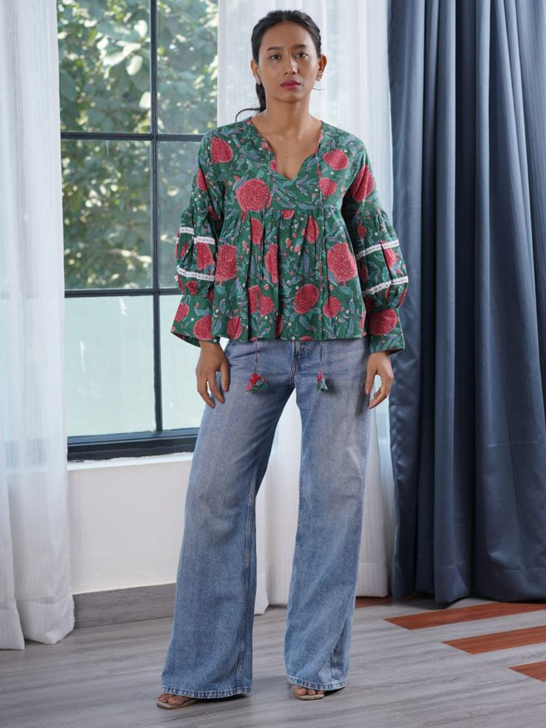 The Quince Life Floral Print Puff Sleeve Cotton Top