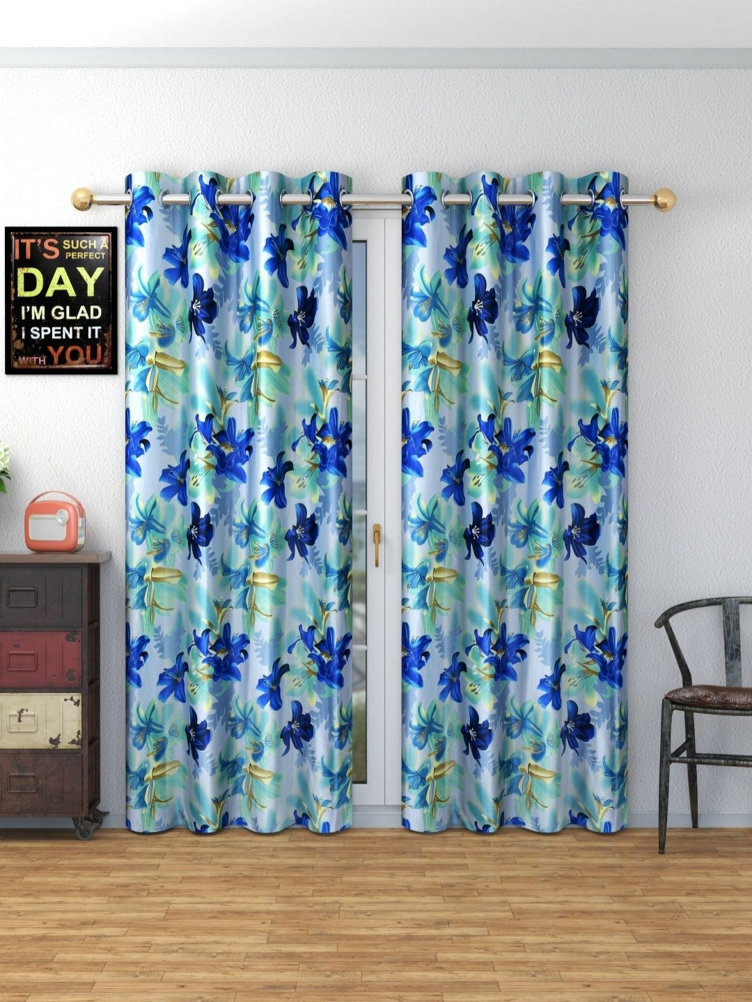 Galaxy Home Decor Blue Set of 2 Floral Window Curtain