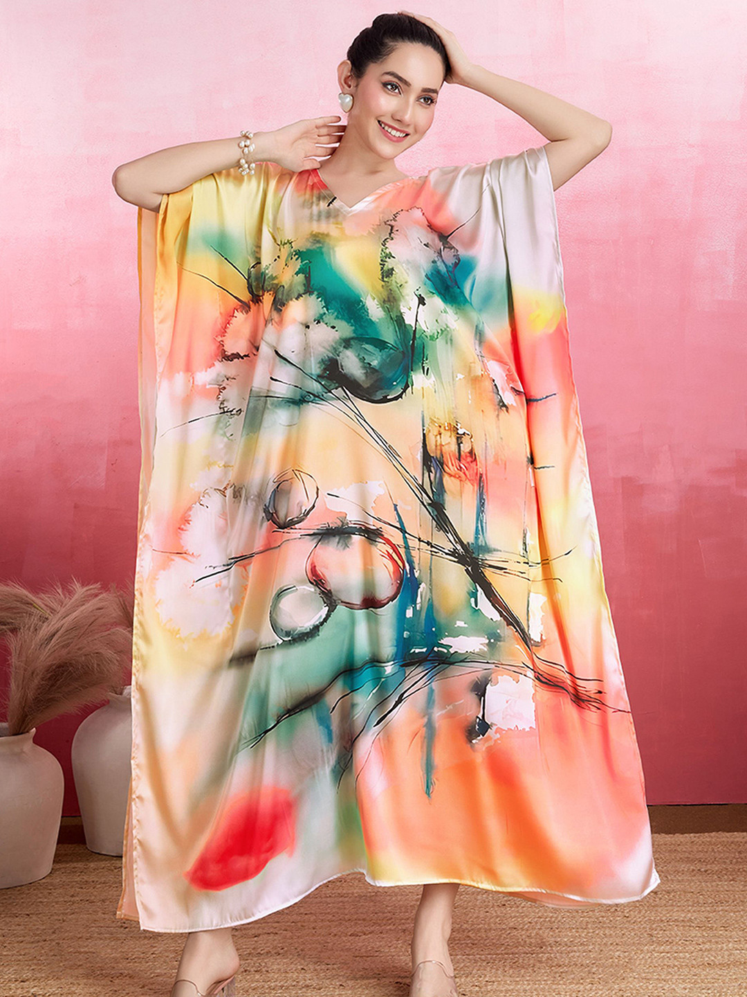 LABEL AARNA Floral Fantasy Soft Satin Kaftan