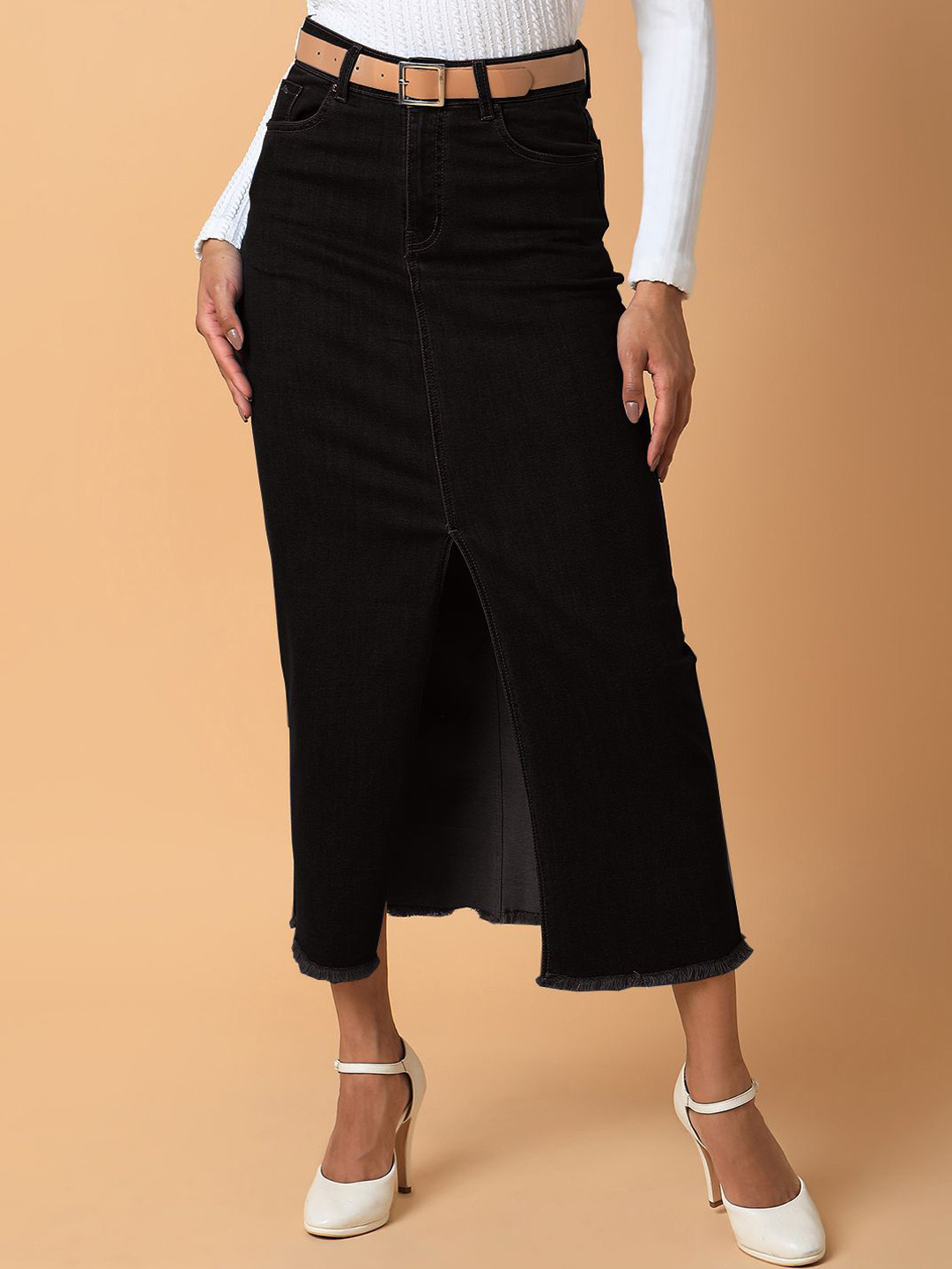 SHOWOFF Front Slit Maxi Skirt With Belt