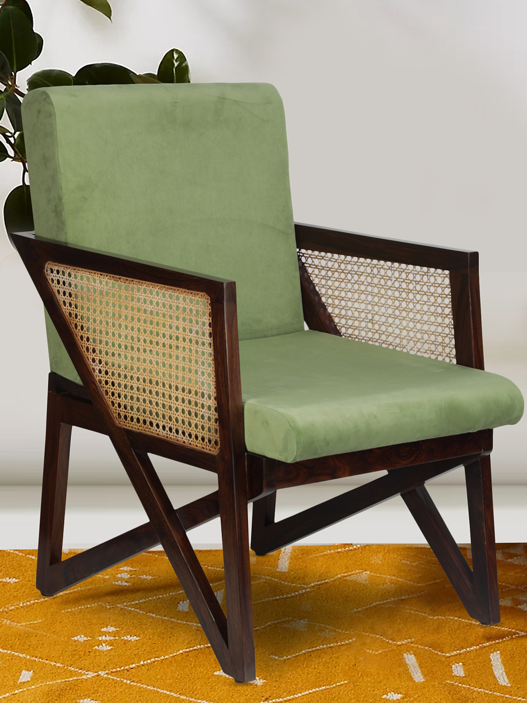 GLOBALLY INDIAN Lime Green & Brown Accent Wooden Lounge Chair