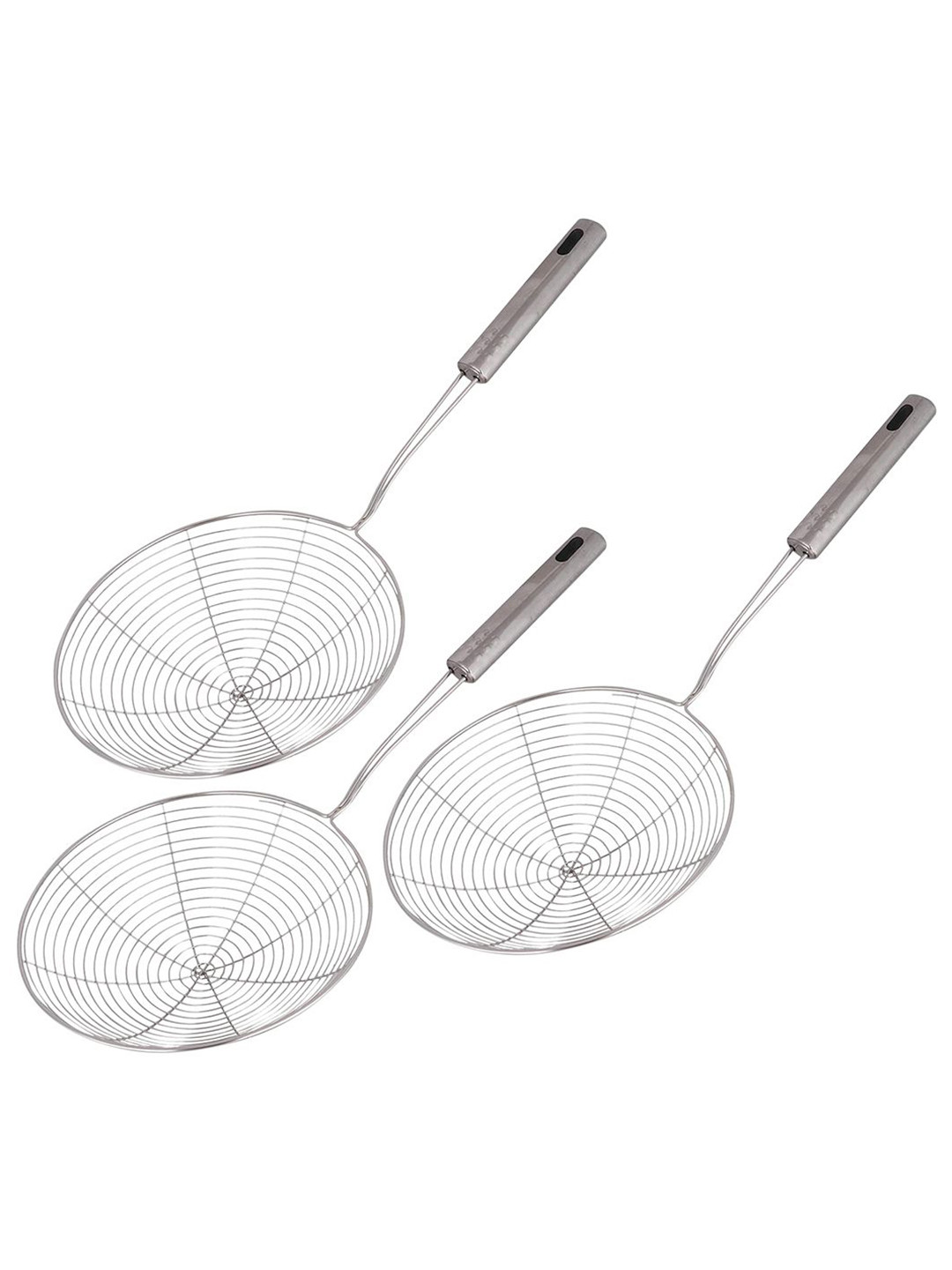 Kuber Industries Stainless Steel 3 Pieces Silver Toned Puri Frying Strainer Basket