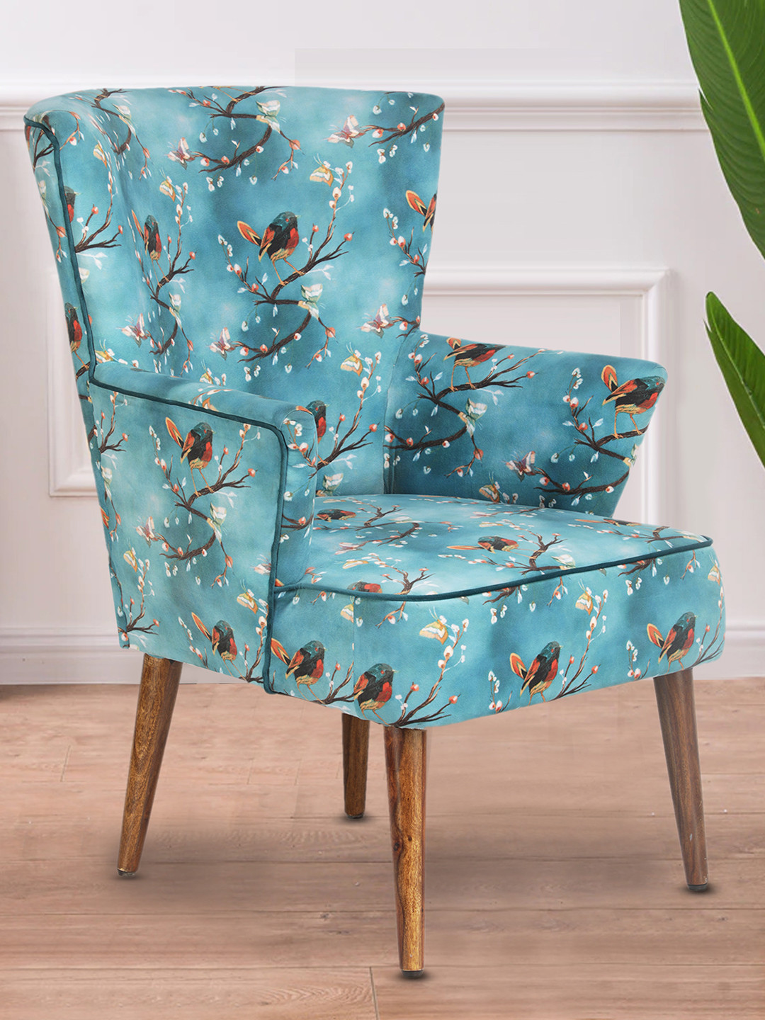 GLOBALLY INDIAN Turquoise Blue & Brown Printed Accent Arm Wooden Lounge Chair
