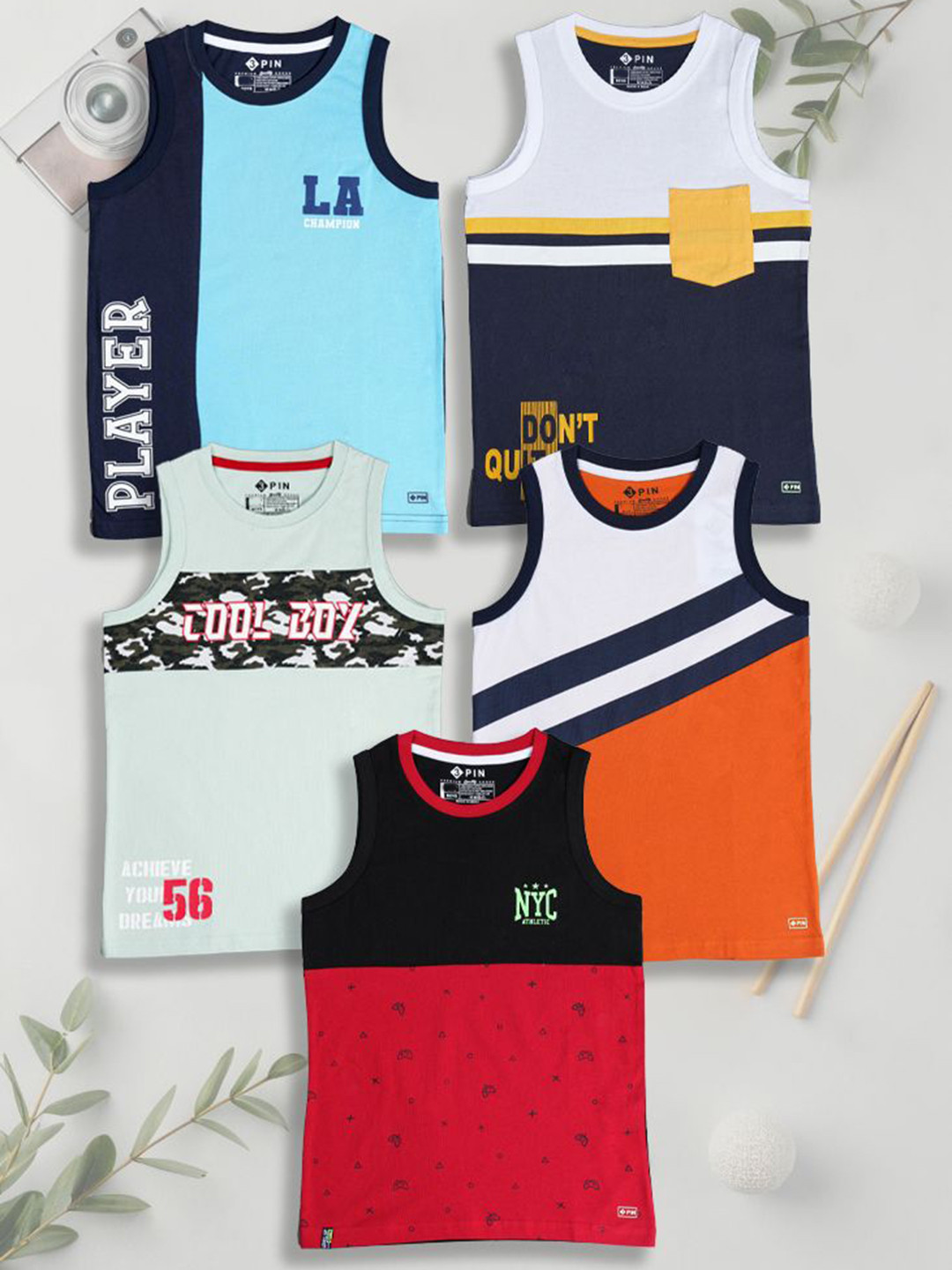 3PIN Pack Of 5 Printed Pure Cotton Boys Basic VestsHECTOR