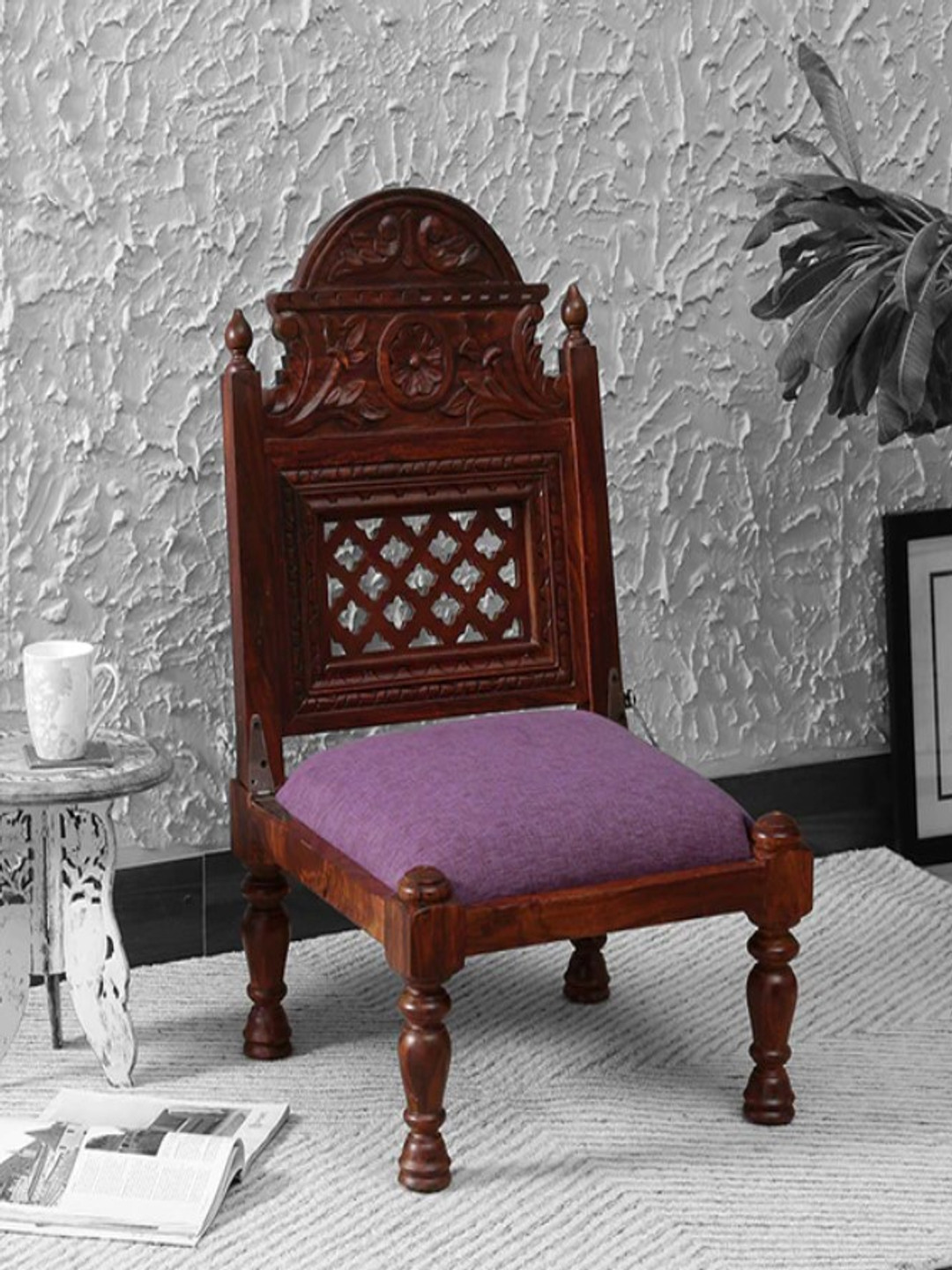 GLOBALLY INDIAN Purple And Brown Carved Wooden Lounge Chair