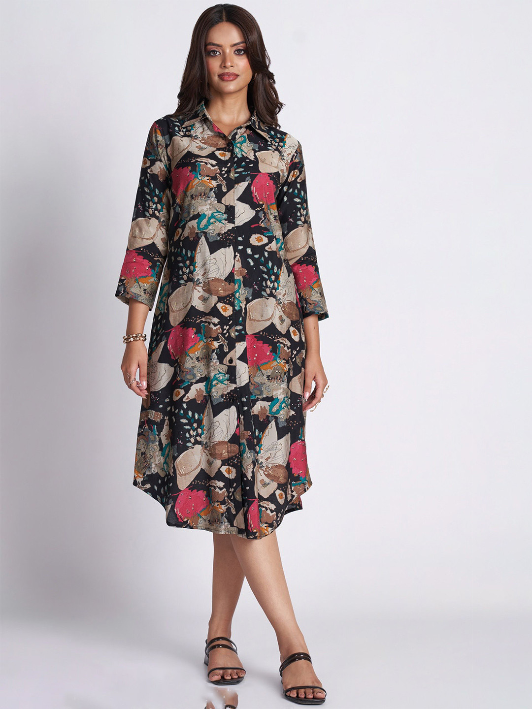 Black Floral Print A-Line Midi Dress with Puff Sleeves