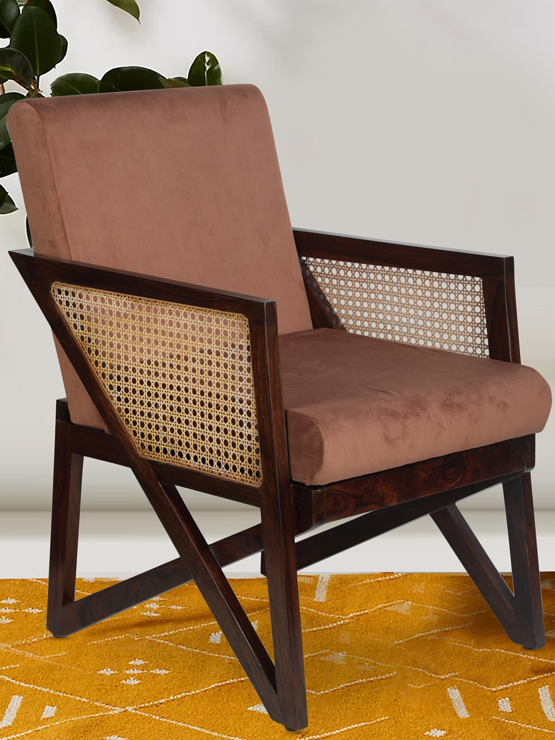 GLOBALLY INDIAN Champagne & Brown WoodenAccent-Style Arm Lounge Chair