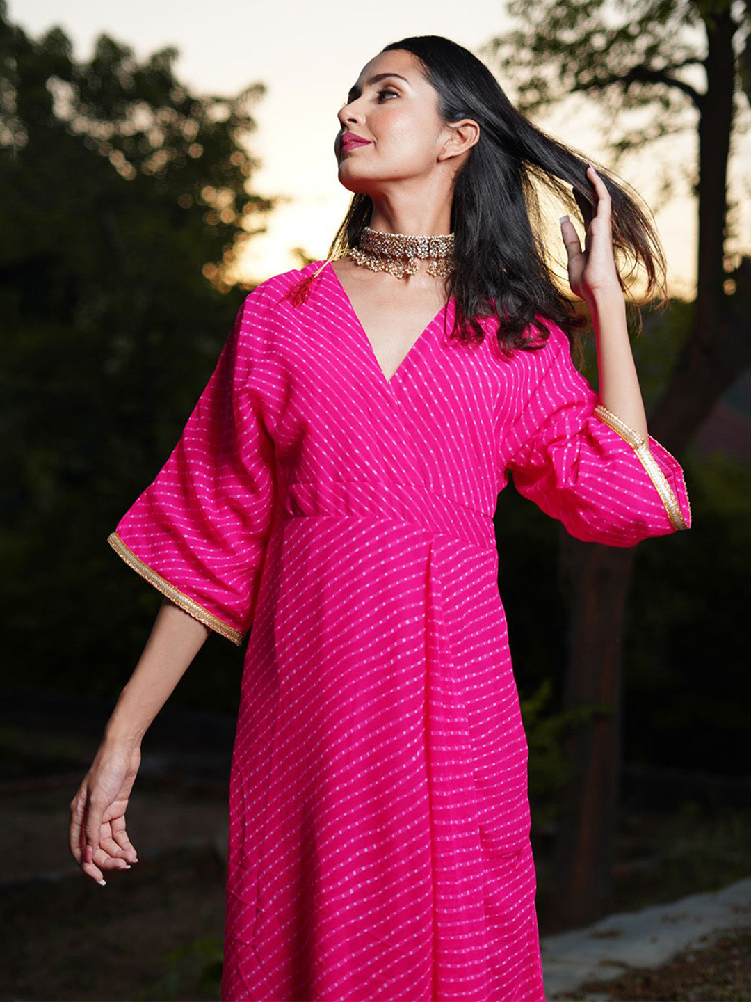 Shades of Sabi Pink Lahariya Print V-Neck Wrap Midi Dress