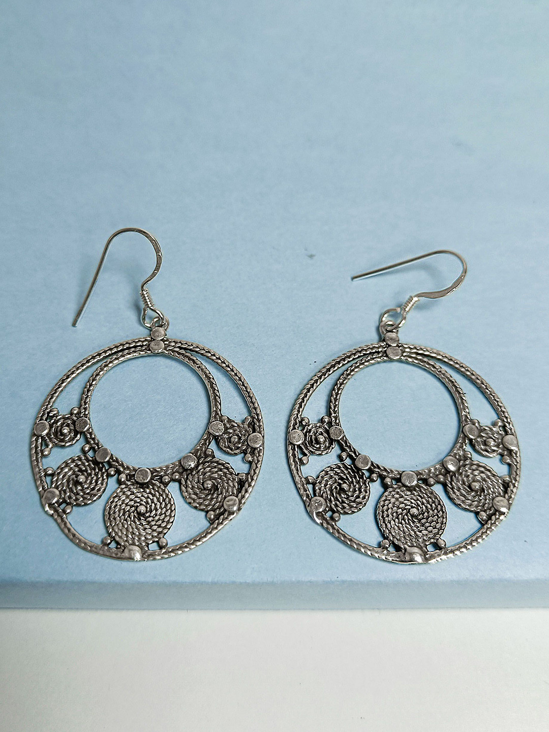 INARI SHINES 925 Silver Oxidised Circular Drop Earrings