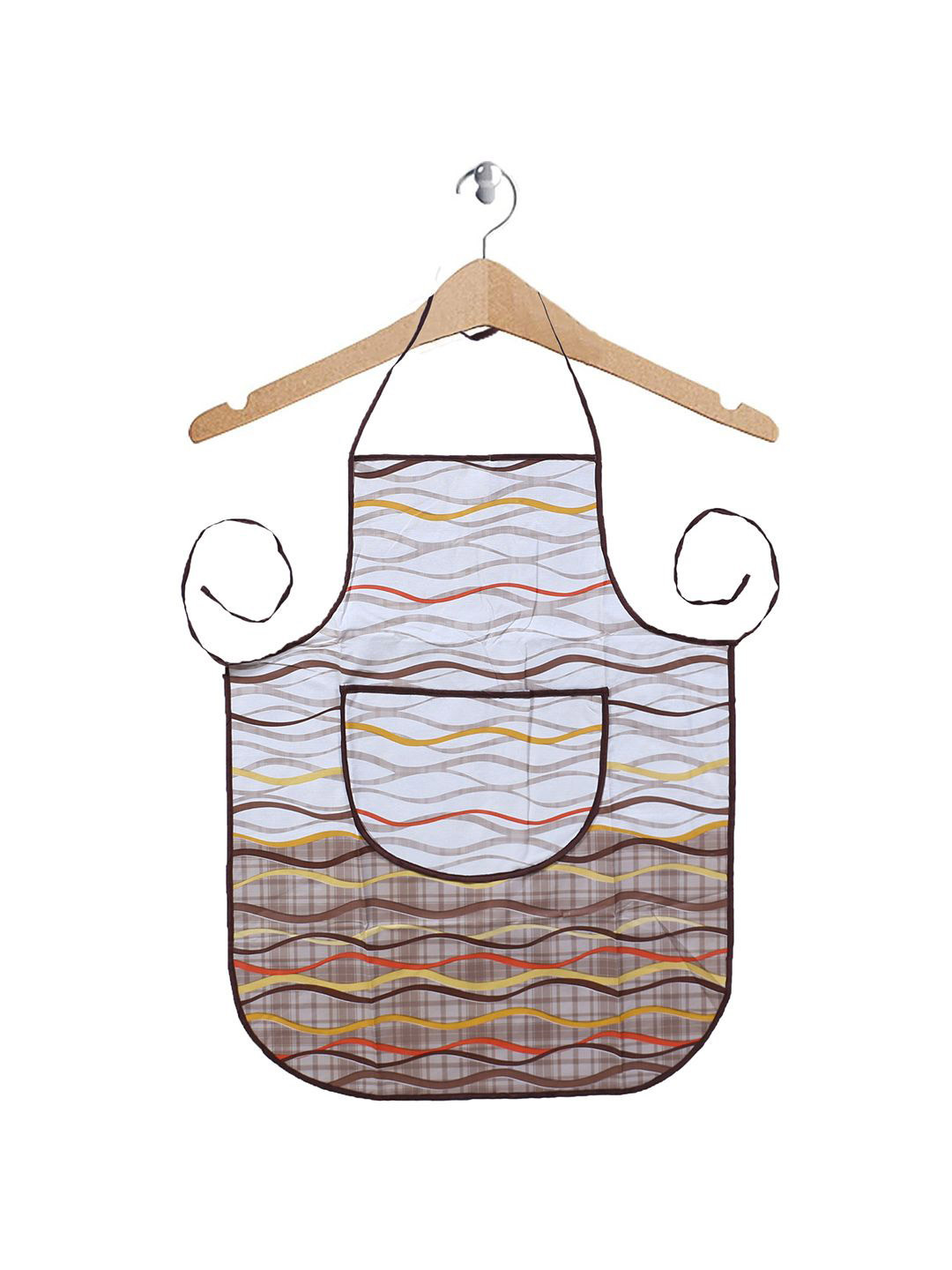 Kuber Industries White & Brown Printed Waterproof Centre Pocket Apron With Tying Cord