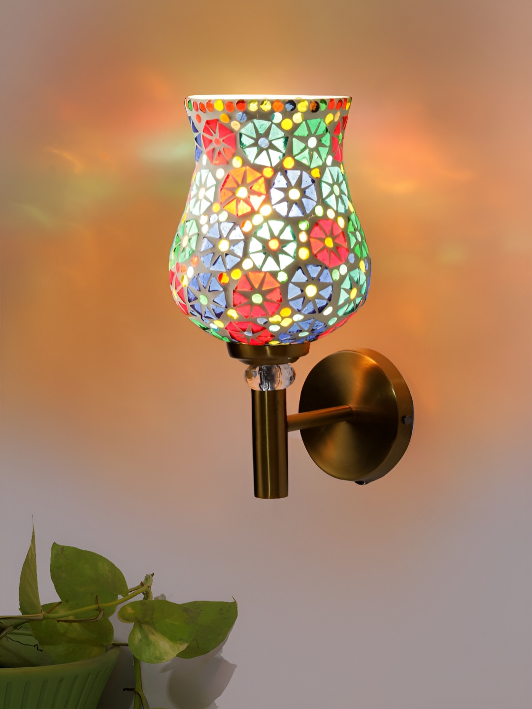 Devansh Blue Patterned Glass Wall Lamp With Shade