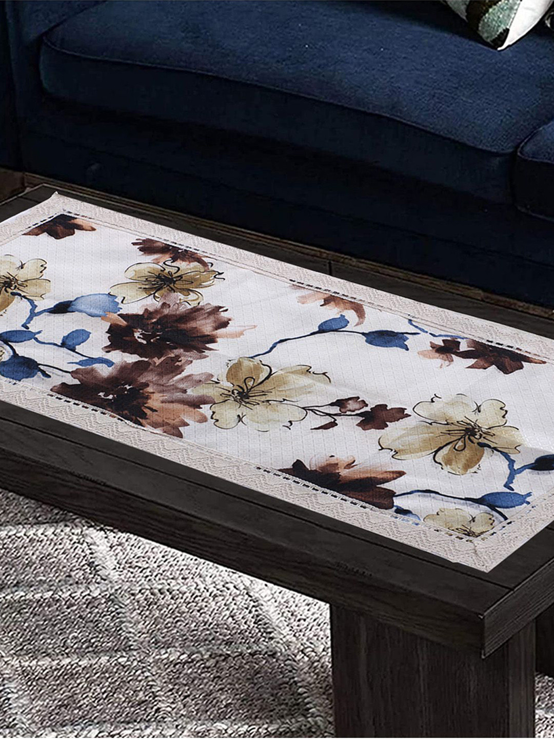 Kuber Industries Brown & Cream-Colored Floral Printed Table Runner With Lace Border