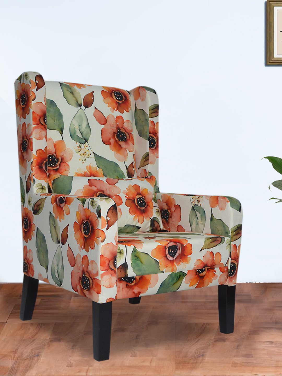 GLOBALLY INDIAN Beige & Orange Wingback Wooden Arm Lounge Chair