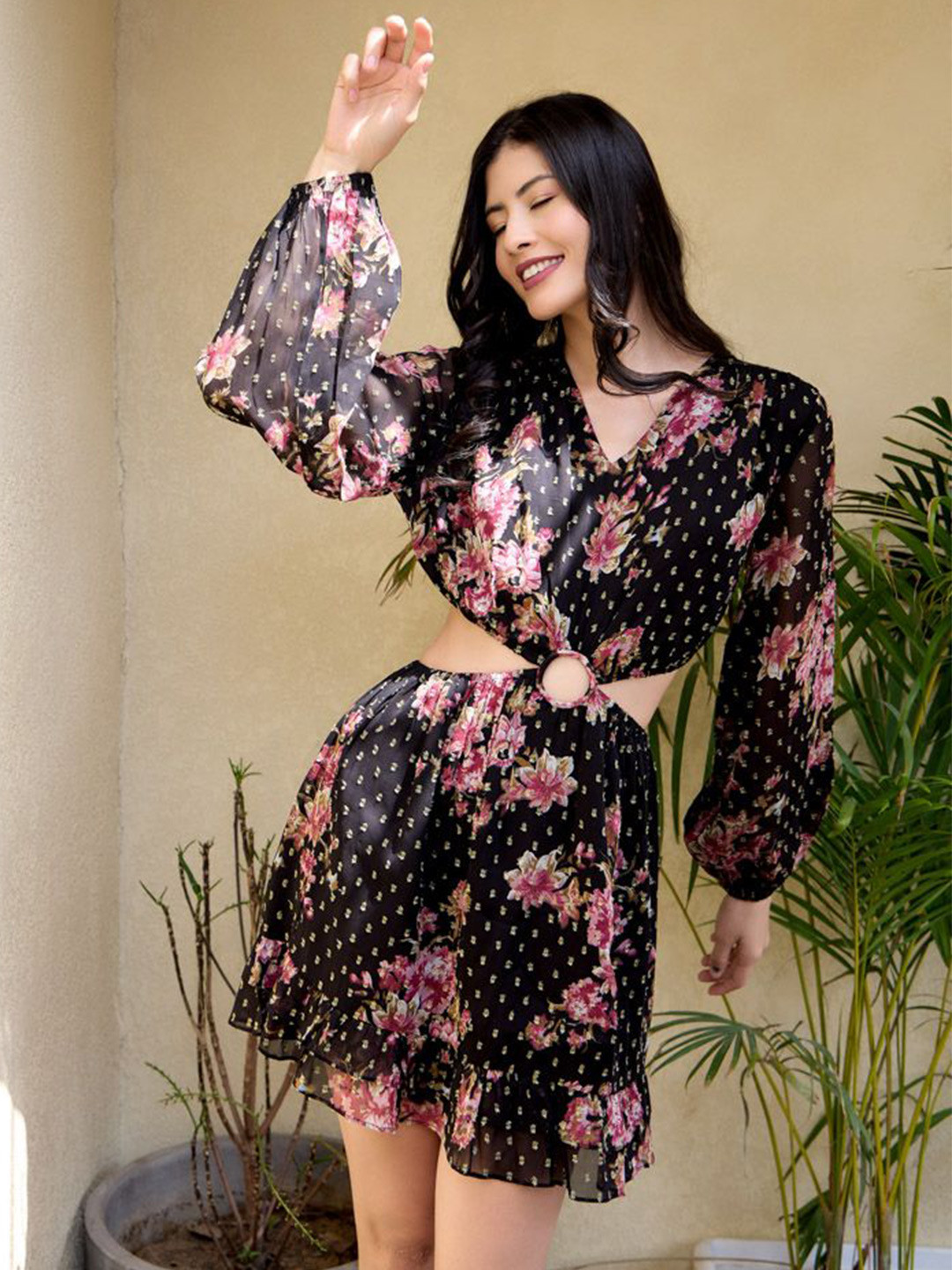 Shades of Sabi Floral Print Viscose Georgette Fit & Flare Mini Dress