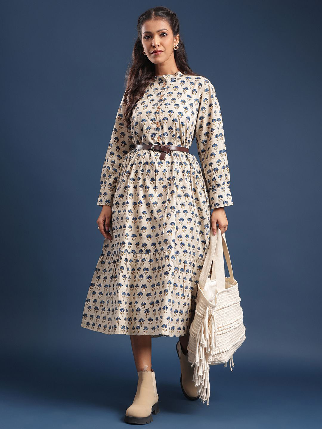 Taavi Bagru Printed Pure Cotton Mandarin Collar Neck Dress