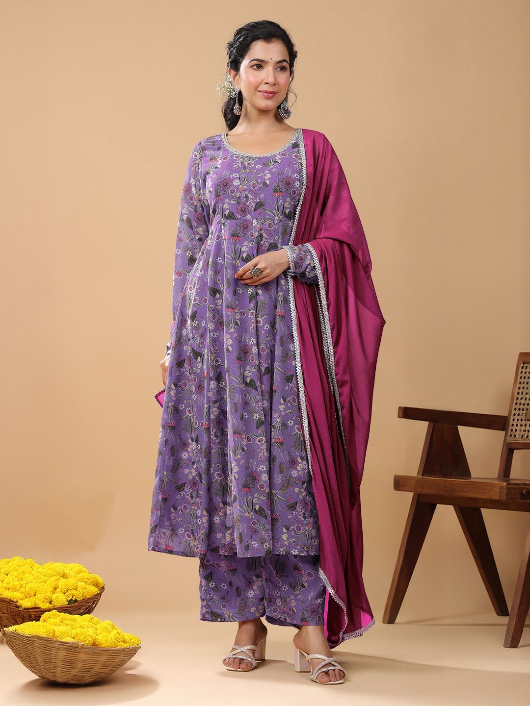Janasya Women's Lavender Georgette Floral Printed A-line Kurta Set