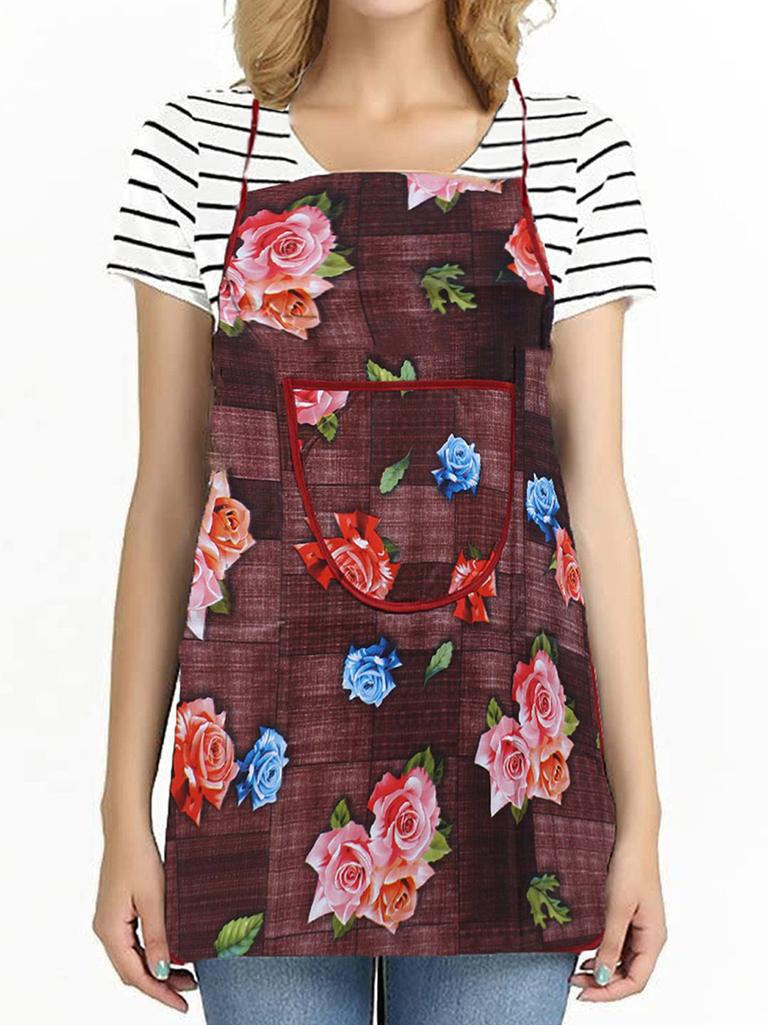 Kuber Industries Maroon & Pink Printed Waterproof Centre Pocket Apron With Tying Cord