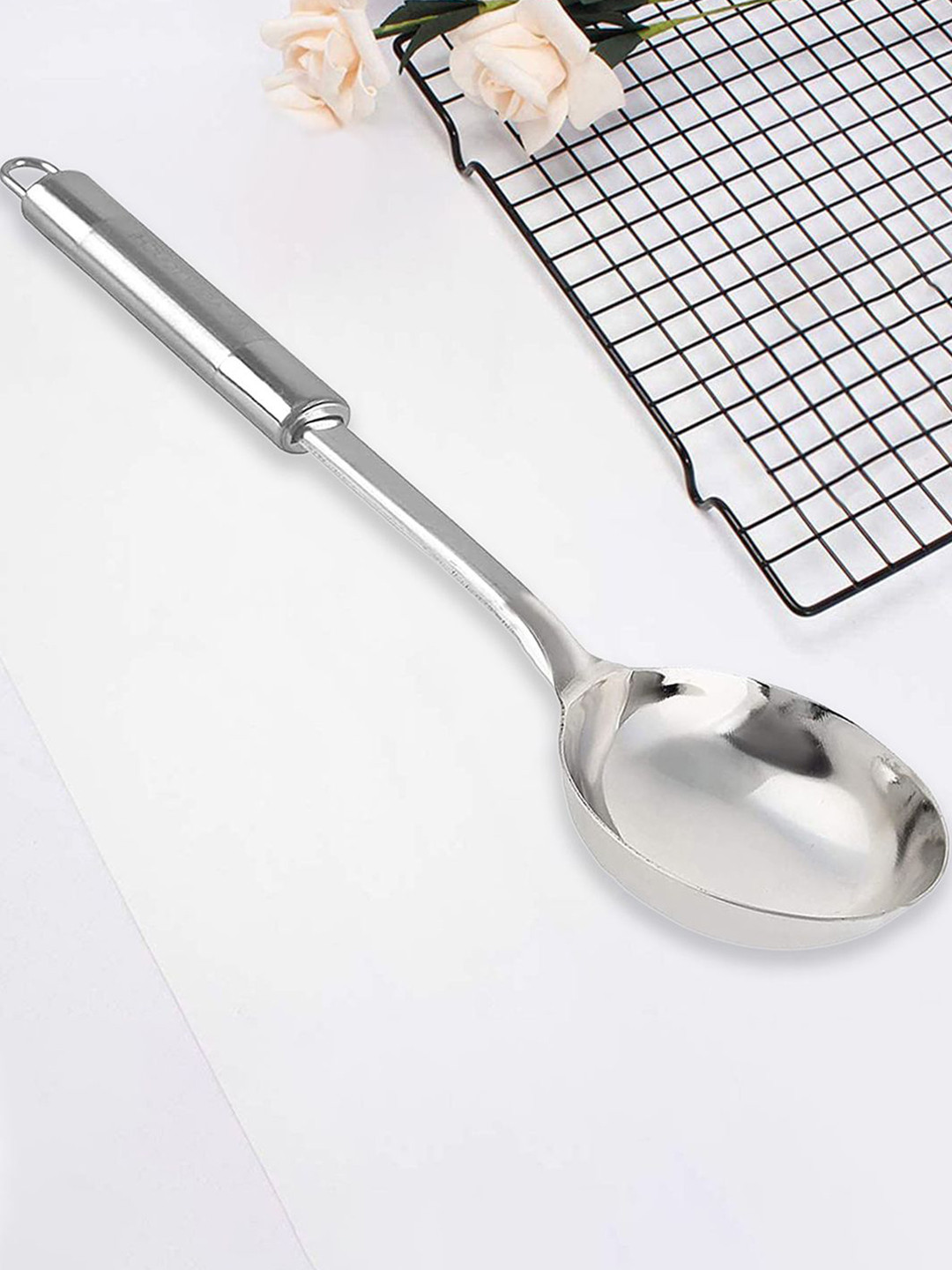 Kuber Industries Silver Toned Stainless Steel Nonstick Serving Ladle