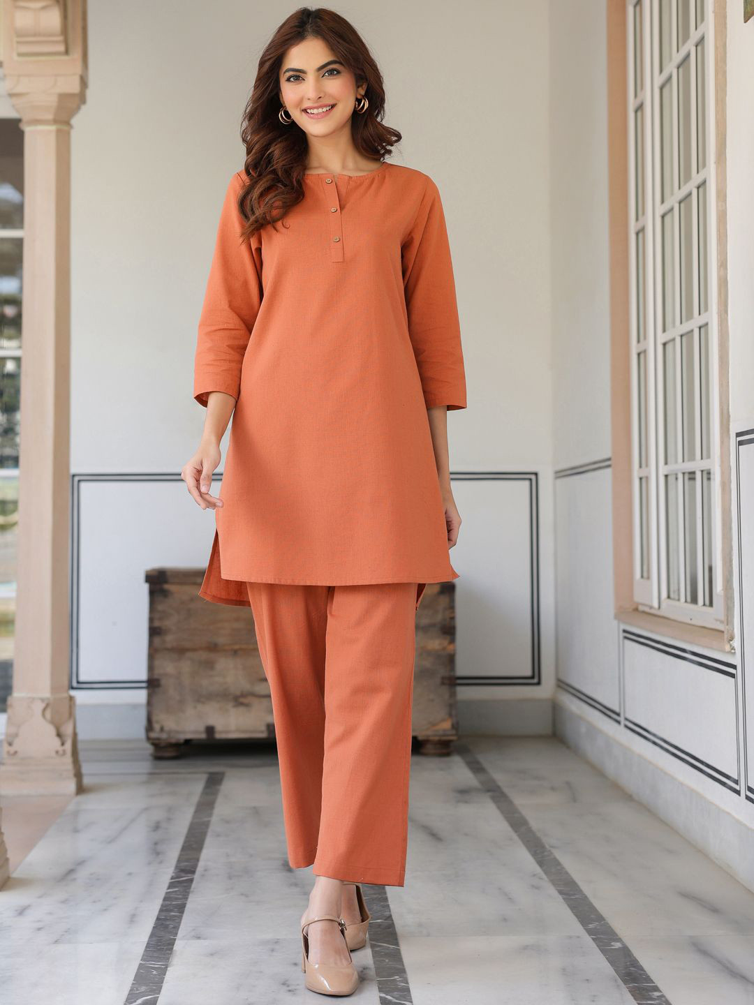 Janasya Women's Rust Linen Cotton Solid A-line Co-ords Set