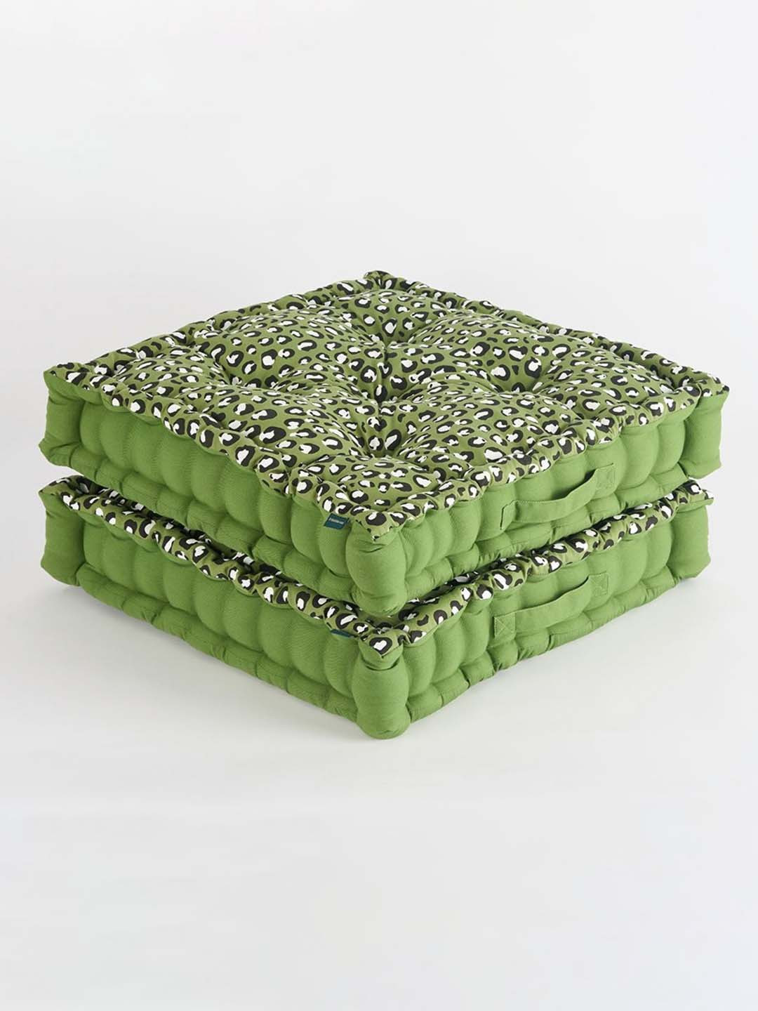 SKANDA FAB Light Green & White 2 Pieces Abstract Printed Cotton Square Floor Cushions