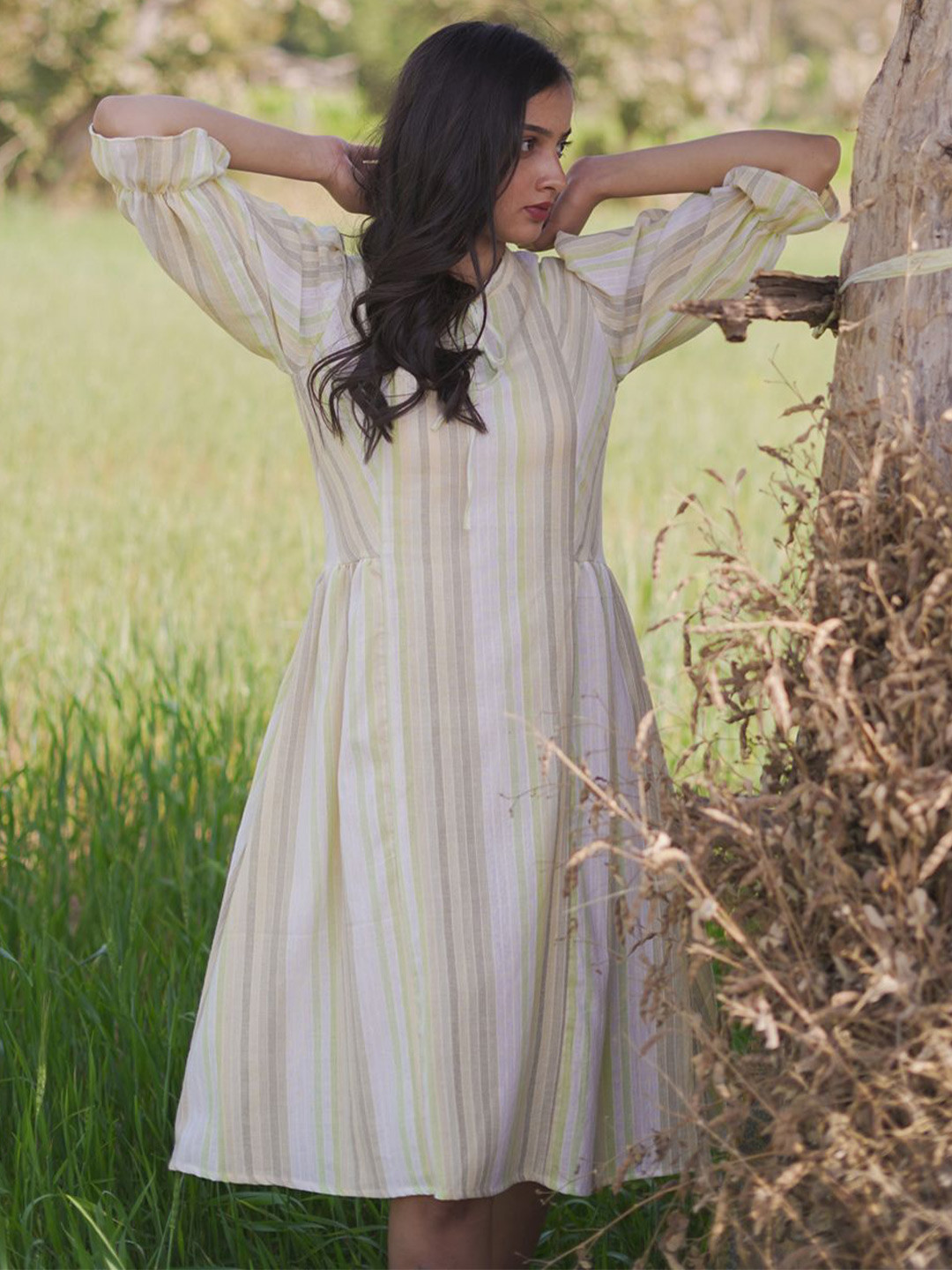 JITI Striped A-Line Three-Quarter Dress