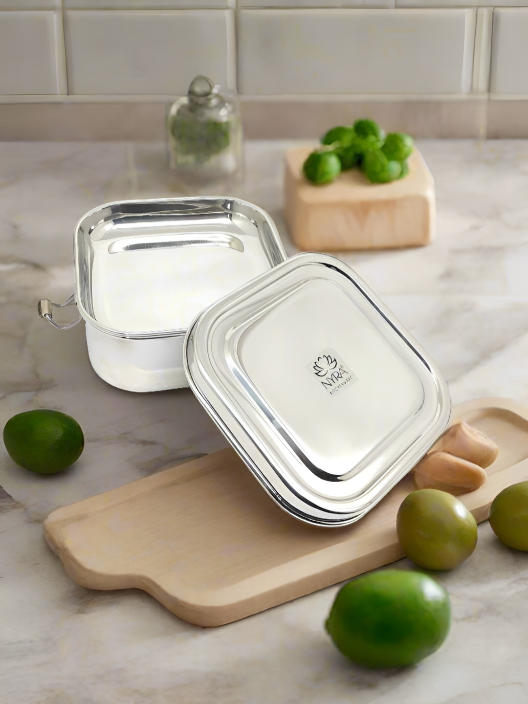 Nyra Kitchenware Double Decker Stainless Steel Dishwasher Safe Lunch Box With Spoon & Fork