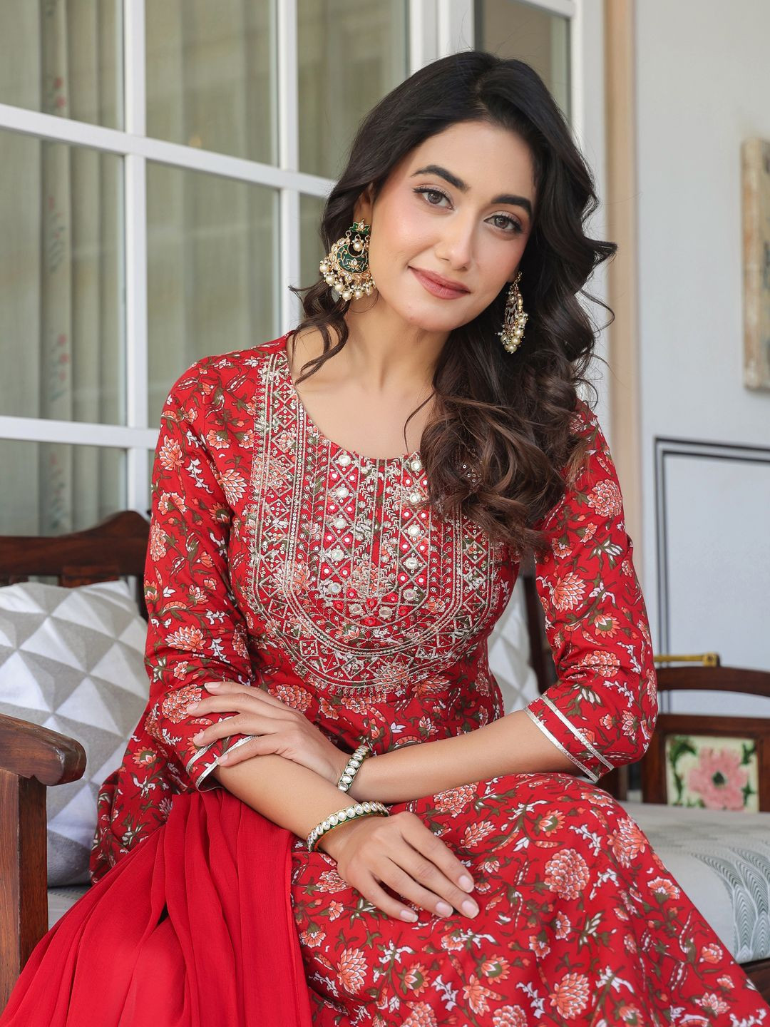 Janasya Women's Red Pure Cotton Floral Printed Yoke Embroidered A-line Kurta Set