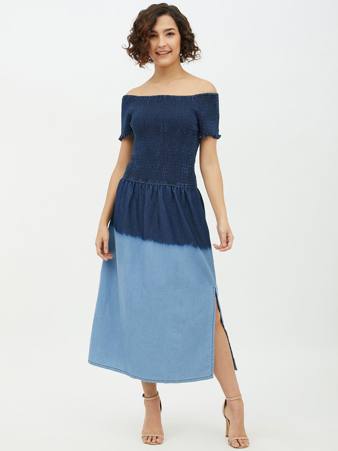 Chemistry Tie and Dye Dyed Off-Shoulder Denim Fit & Flare Midi Dress