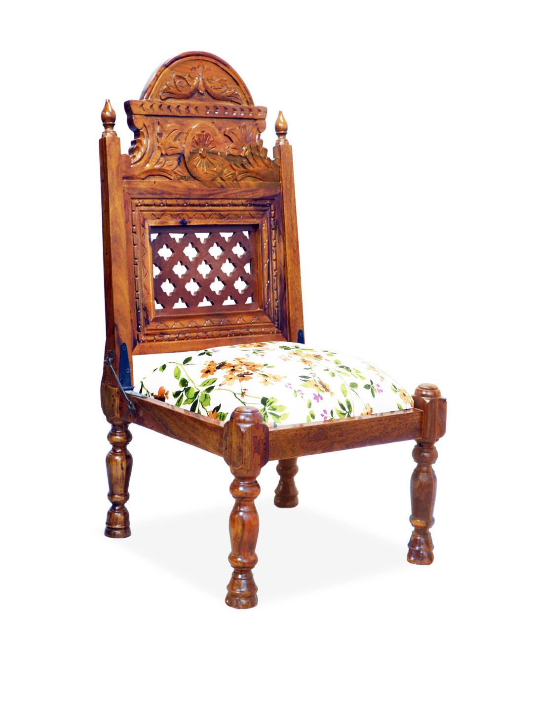 GLOBALLY INDIAN Brown & White Printed Carved Wooden Accent Chair