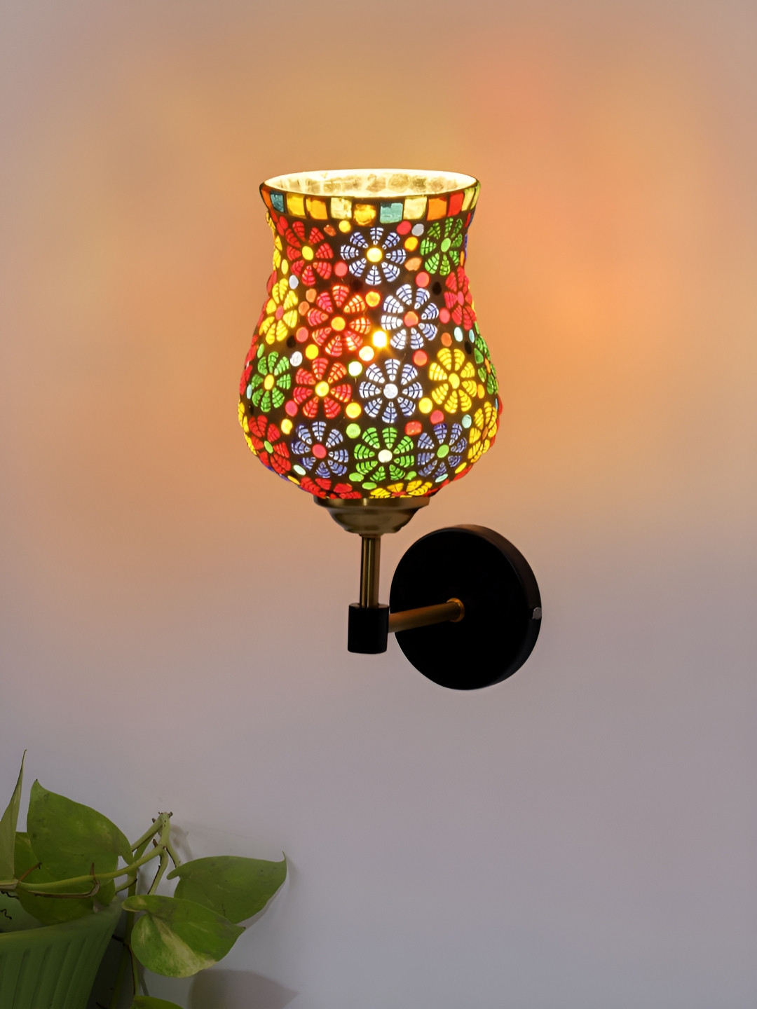Devansh White & Green Printed Metal Traditional Cylinder Shaped Wall Lamp