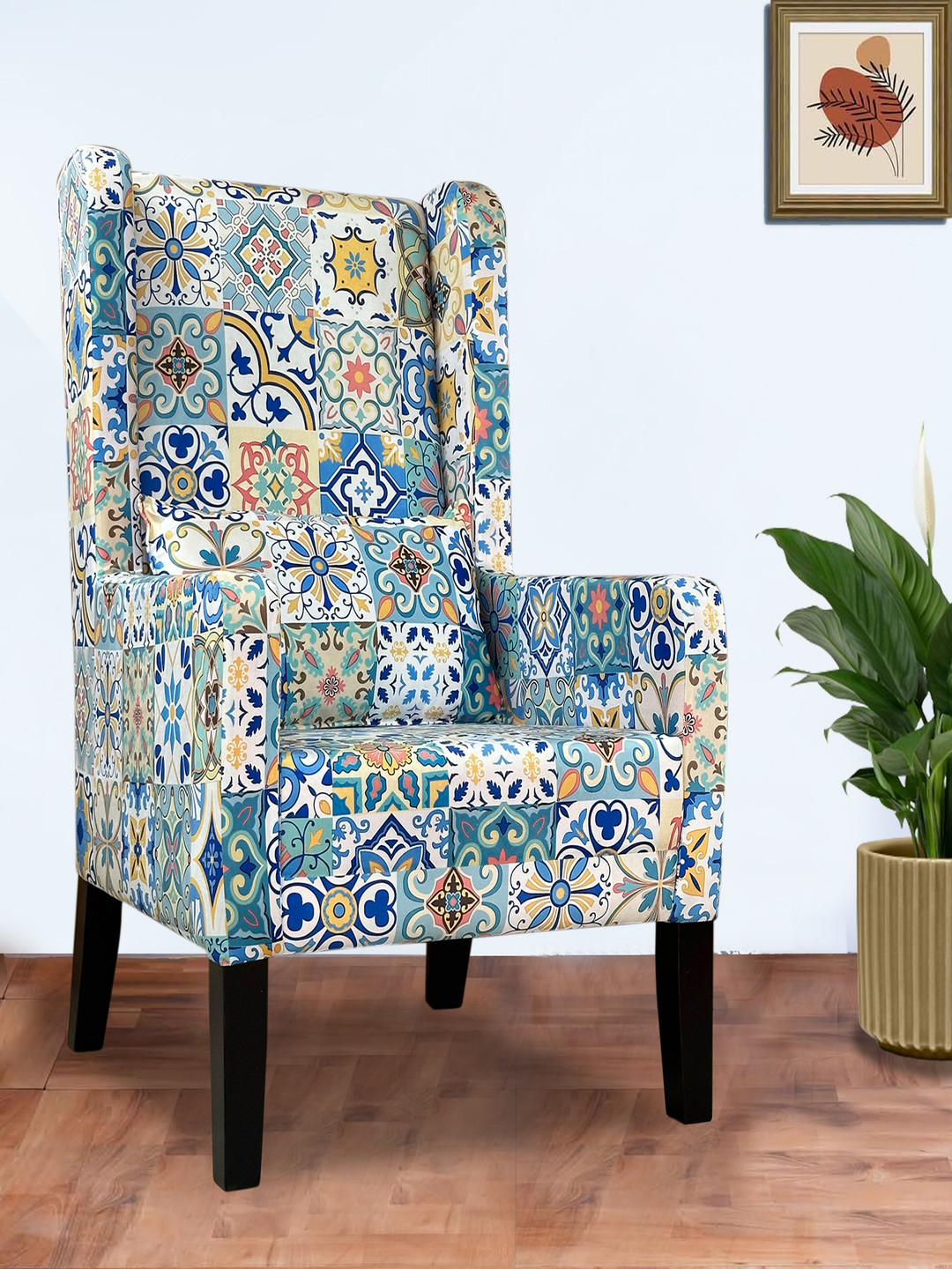 GLOBALLY INDIAN White & Blue Wingback  Wooden Arm Lounge Chair